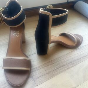 Franco Sarto Black and Tan Women's Heeled Sandals